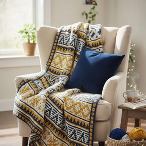 Op de afbeelding: Een crèmekleurige fauteuil met een patroon deken in geel, marineblauw en wit. Een marineblauw kussen ligt op de stoel. Een mand met garen en een kleine bijzettafel met een mok en een boek staan op de voorgrond. De scène is warm.