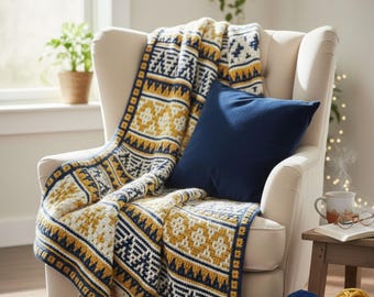 Modern Mosaic Crochet Pattern, Aztec Style Blanket, Mustard and Navy Blue Afghan
