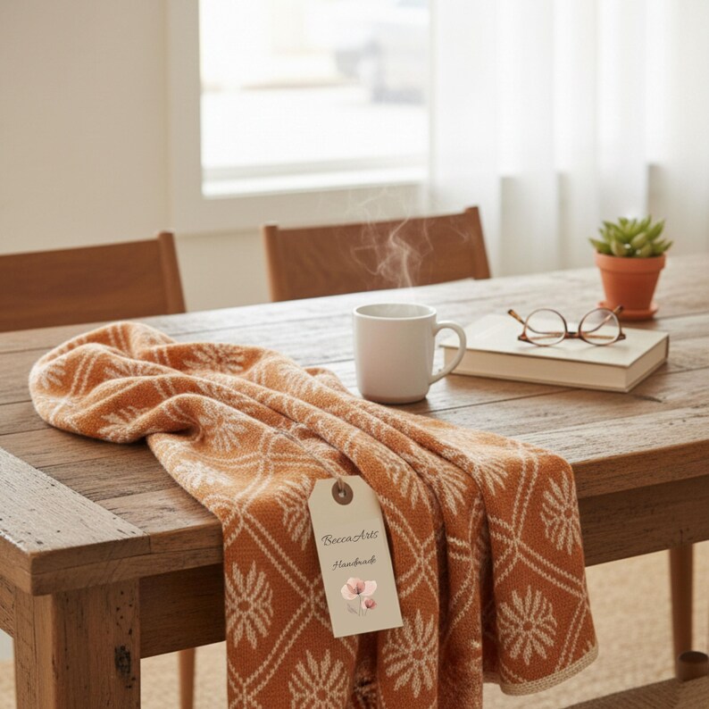May include: An orange and cream throw blanket with a floral design is draped over a wooden table. A white mug with steam rising, a book, glasses, and a small potted plant are also on the table. A tag reads "Becca Arts Handmade."