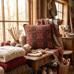 May include: A cozy scene featuring a brown and red patterned pillow and a matching blanket draped over a wooden table. Various balls of yarn in shades of red, cream, and brown are scattered around, along with knitting needles and a small basket. The setting is near a window.