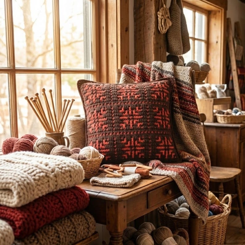 May include: A cozy scene featuring a brown and red patterned pillow and a matching blanket draped over a wooden table. Various balls of yarn in shades of red, cream, and brown are scattered around, along with knitting needles and a small basket. The setting is near a window.