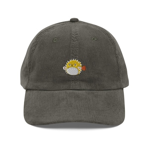 Pufferfish Vintage Corduroy Cap | Embroidered Fish Hat | Puffer Sea Life Beach Wear Hat