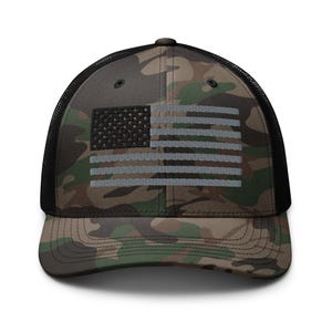 America Camouflage Trucker Hat | USA Embroidered Dark Colors Light Stripes Camo Hat | American Flag Hat