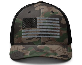 America Camouflage Trucker Hat | USA Embroidered Dark Colors Light Stripes Camo Hat | American Flag Hat