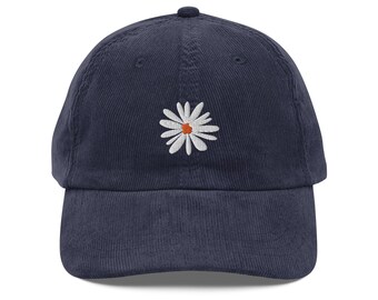 Spring Daisy Corduroy Cap | Floral Embroidered Hat | White Daisy Flower Soft Corduroy Cap