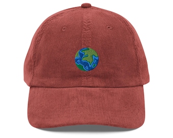 Gorra de pana con el mundo / Bonita gorra bordada con la Tierra / Gorra de pana con el espacio Planet Terra
