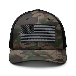 America Camouflage Trucker Hat | USA Embroidered Full Dark Colors Camo Hat | American Flag Hat