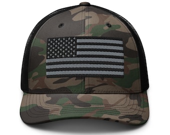 America Camouflage Trucker Hat | USA Embroidered Full Dark Colors Camo Hat | American Flag Hat