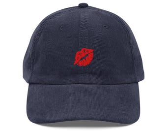 Clare V Navy Corduroy Lips Baseball Hat Cap Red Embroidered Lips Adjustable Clare V Baseball Hat, Oxblood w/ Lips – The Find main image 4