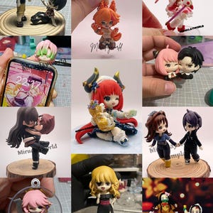 Può includere: Una collezione di figurine in pasta polimerica fatte a mano. Le figurine rappresentano diversi personaggi, tra cui una volpe, una ragazza demone, una coppia e una ragazza con un gatto. Le figurine sono tutte dipinte con colori vivaci e hanno dettagli intricati.
