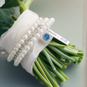 Engraved Bride Bouquet Charm gift from mom friend Natural aquamarine Something blue bouquet charm bride gift from mom bridal charms Wedding