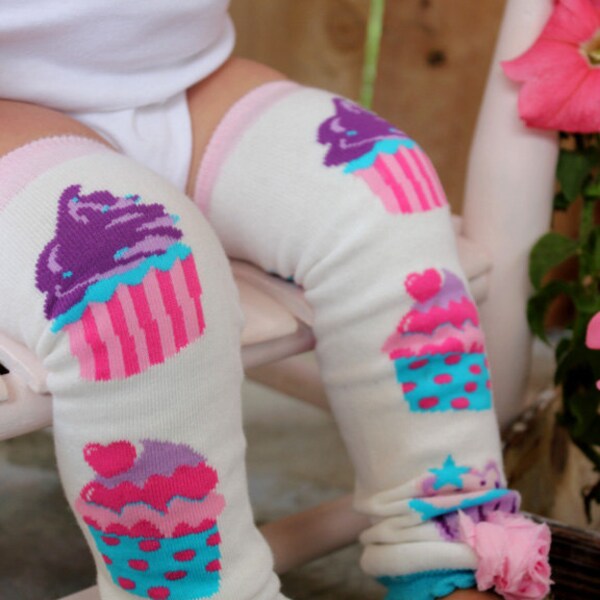 Sweet CUPCAKE Embellished Baby Girl Leg Warmers Newborn to Toddler