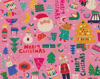 May include: Pink Christmas-themed pattern with Santa Claus, a snowman, a bear, and a rabbit. The design includes Christmas trees, gifts, ornaments, and the text "Merry Christmas".
