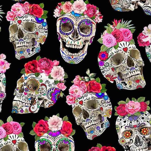 Timeless Treasures Day of the Dead SKULLS Flower Crown FABRIC