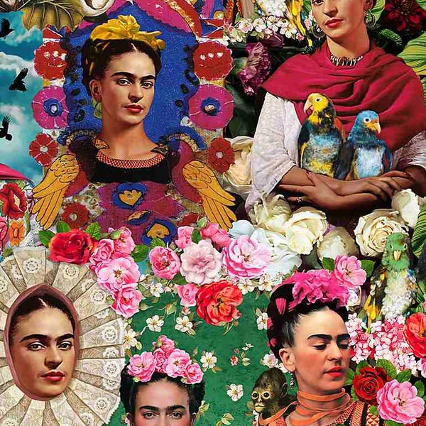Timeless Treasures Collage of Women's Portraits FRIDA Kahlo FABRIC