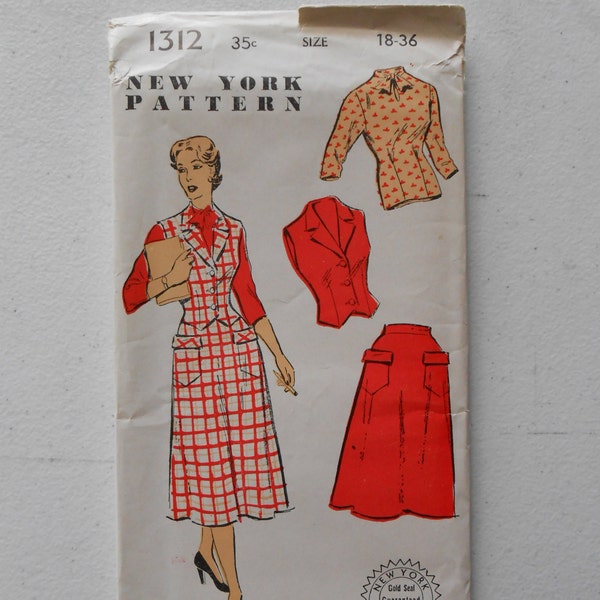 Vintage 50s High Neck Tie Collar Blouse, Tea Length Flared Rock, Weskit Fitted Vest Sewing Pattern New York 1312 Size 18 Bust 36 UNCUT