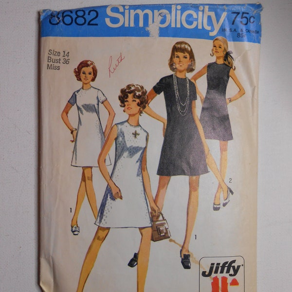 Vintage 70s Jiffy A Line Dress, Summer Sleeveless Dress, Short Sleeve Dress Sewing Pattern Simplicity 8682 Size 14 Bust 36