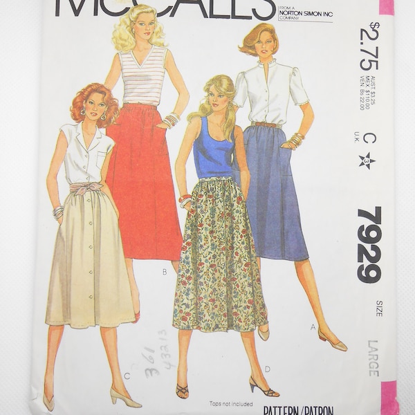 Vintage 80s Flared Gathered Skirts, Front Buttoned Skirt Sewing Pattern McCalls 7929 Large Size 18 20 Waist 25 Hip 32 34 Uncut