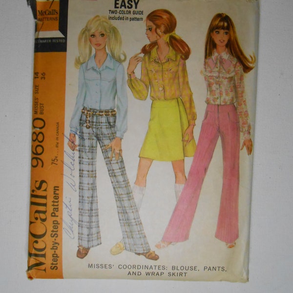 Vintage 60s Front Button Blouse, Wrap Around Mini Skirt, Bell Bottom Pants Sewing Pattern McCalls 9680 Size 14 Bust 36