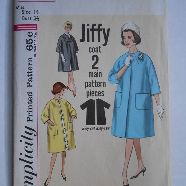 Vintage 60s Jiffy Reversible Coat, Evening Kimono Sleeve Coat, Mod Open Front Coat Sewing Pattern Simplicity 4738 Size 14 Bust 34 UNCUT