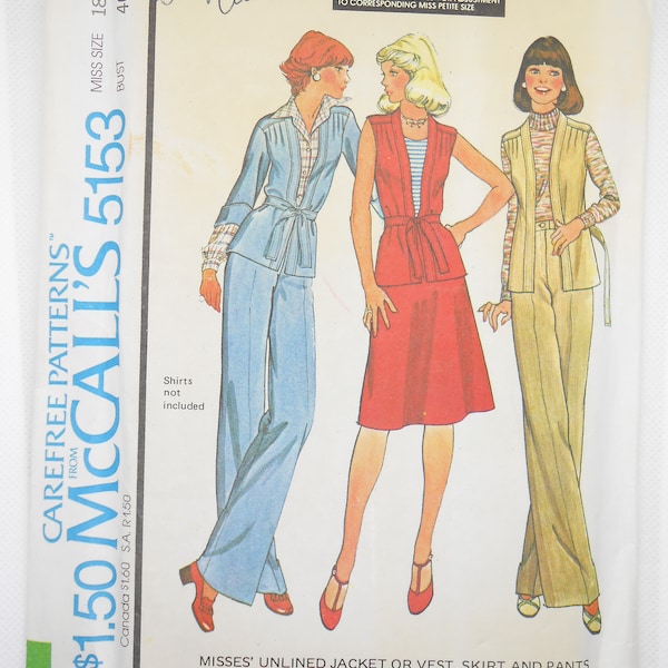 Vintage 70s Front Pleated Jacket or Sleeveless Vest, Flared Skirt, High Waist Pants Suit Sewing Pattern McCalls 5153 Size 18 Bust 40 Uncut