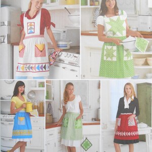 May include: Simplicity sewing pattern featuring various apron designs. The aprons showcase diverse styles, including patchwork, star patterns, and striped designs. The aprons have pockets and decorative elements. The pattern includes the text "Kimberly Einmo" and "simplicity.com".