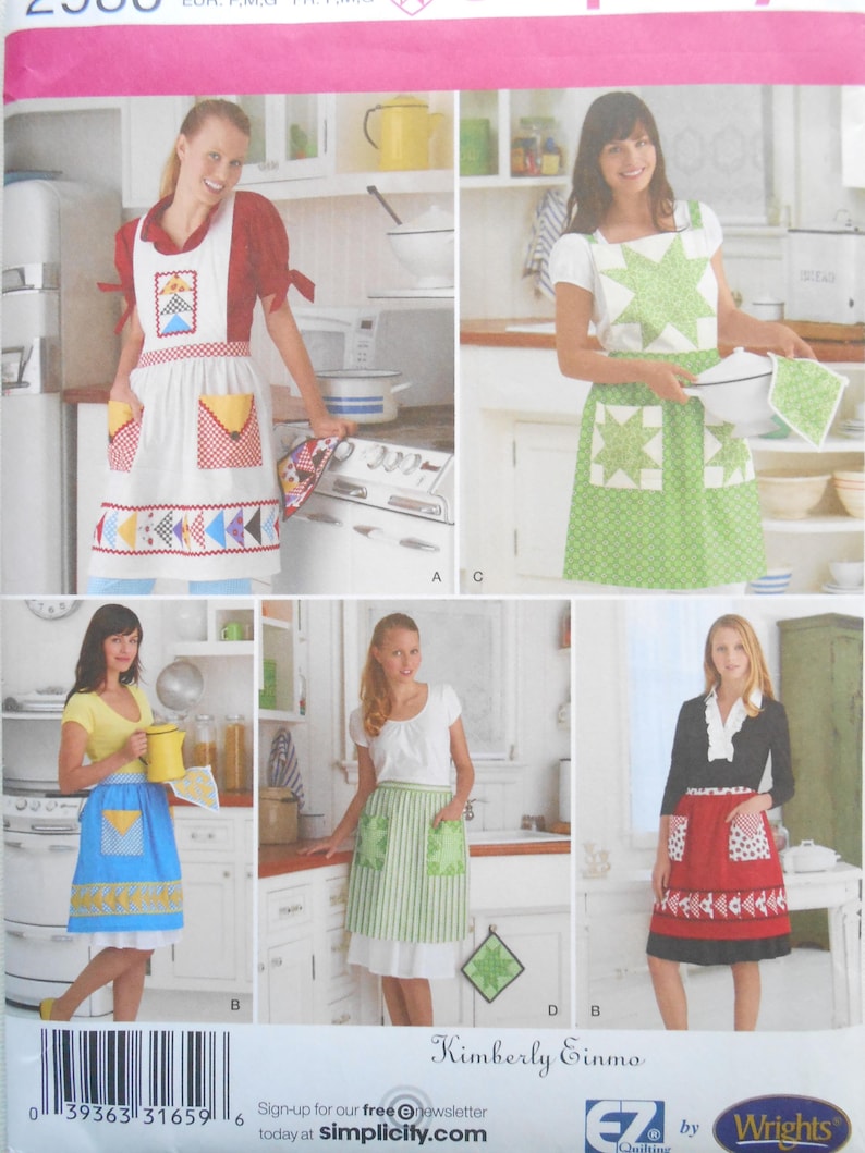 May include: Simplicity sewing pattern featuring various apron designs. The aprons showcase diverse styles, including patchwork, star patterns, and striped designs. The aprons have pockets and decorative elements. The pattern includes the text "Kimberly Einmo" and "simplicity.com".