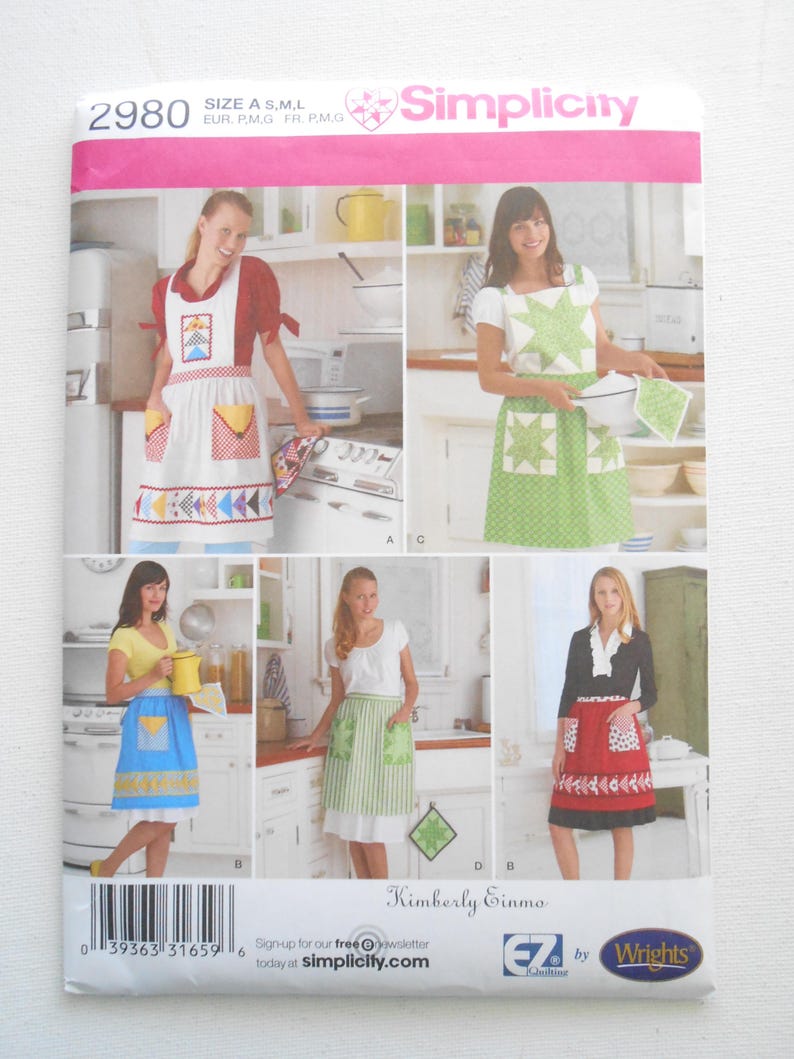 May include: Simplicity sewing pattern 2980 featuring apron designs. The pattern includes various apron styles with different colors and patterns, including red, white, blue, and green. The pattern also includes the text "Kimberly Einmo".