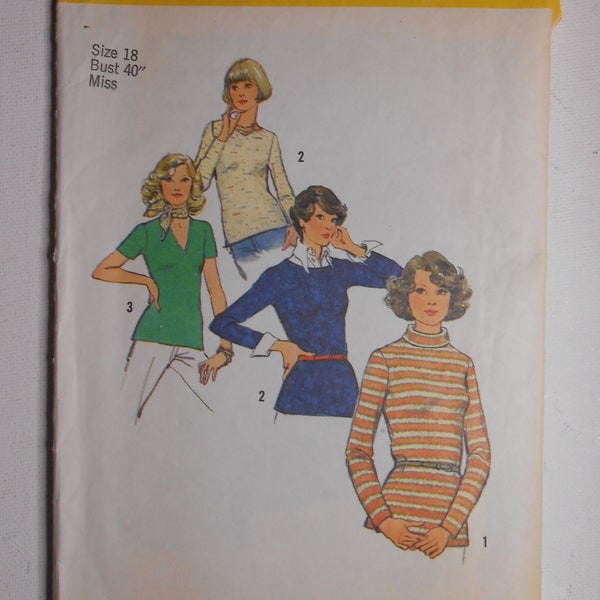 Vintage 70s Top Stitched Knit Top, Short Sleeve Top, Stretch Knit Top Sewing Pattern Simplicity 6624 Size 18 Bust 40 Uncut