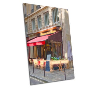 Paris Café Art Print – Charming French Brasserie with Red Awning – Paris Street Scene Wall Art, European Travel Décor