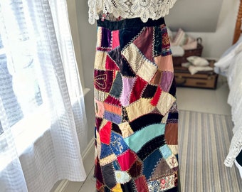Vintage Crazy Quilt Velvet Cotton Embroidery  Boho Maxi Skirt Mannequin Photography Prop