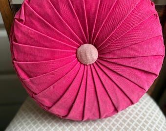 Vintage Round Pink Corduroy Pillow  Cottagecore Boho Cotton Button Tufting