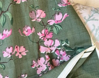 Vintage Barkcloth Dogwood Fabric Green & Pink Yardage NOS Pillow Curtain Drape Duvet Sewing Projects