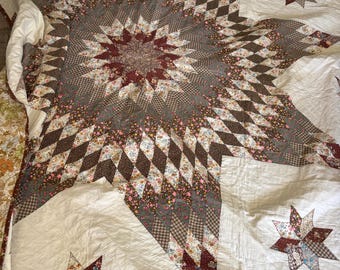 Vintage Quilt Lone Star Quilt Colors Fabric Cabin Cottage Core Calico Flowers