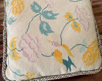 Vintage Needlepoint Pillow Flowers Bird Cottagecore Granny Chic Boho Cotton