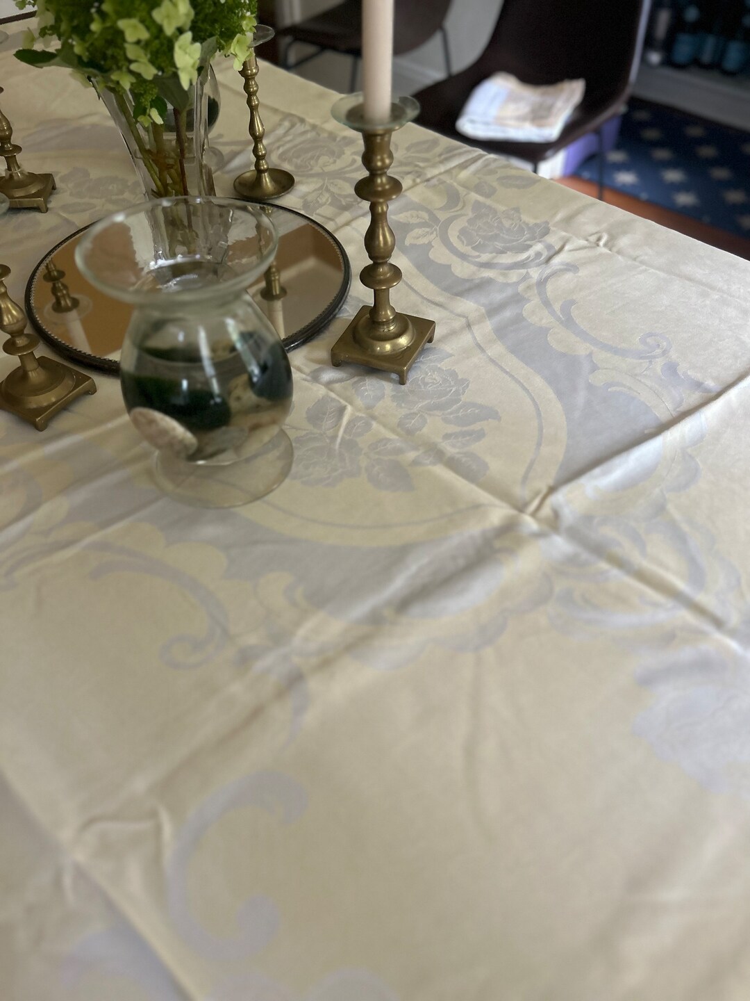 Vintage Butter Yellow Damask Tablecloth Romantic Romance Holiday Dine