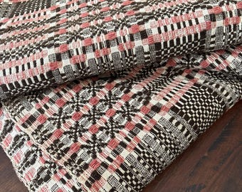 Antique Wool Blanket Bedspread Linsey-Woolsey Overshot Coverlet Brown Red