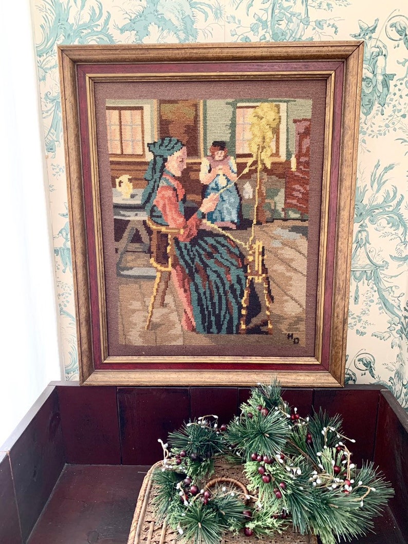 Vintage Weavers Weaving Needlework Tapestry Framed Needlepoint Women Studio