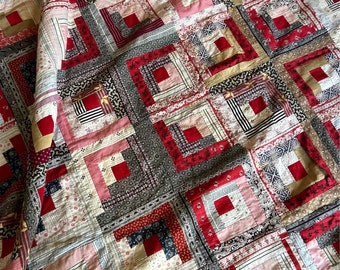 Vintage Quilt Log Cabin Red Christmas Antique Handmade