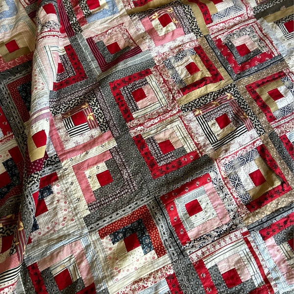 Vintage Quilt Log Cabin Red Christmas Antique Handmade