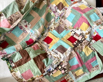 Vintage Quilt Barkcloth Bedspread Handmade Cottage Core Farmhouse Chic 1940's Bark Cloth Double Sided