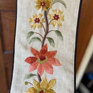 Vintage Floral Crewel Embroidery Bell Pull, Fall Colors