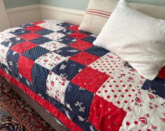 Vintage Quilt Nautical Navy Coastal Summer Handmade Fabric Cabin CottageCore