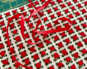 Vintage Red Rosebud Chenille Bedspread Fabric Craft 17 x 36
