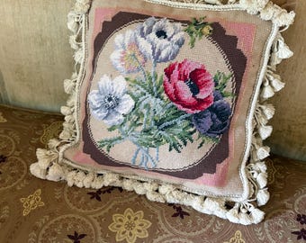 Vintage Needlepoint Down Pillow Flowers Tassels Cottagecore Boho Cotton