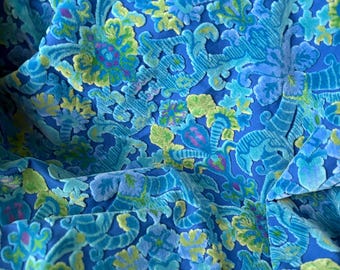 Vintage Electric Blue Velvet Fabric Large Cut (28" x 57") 1970s Floral Pattern Upholstery