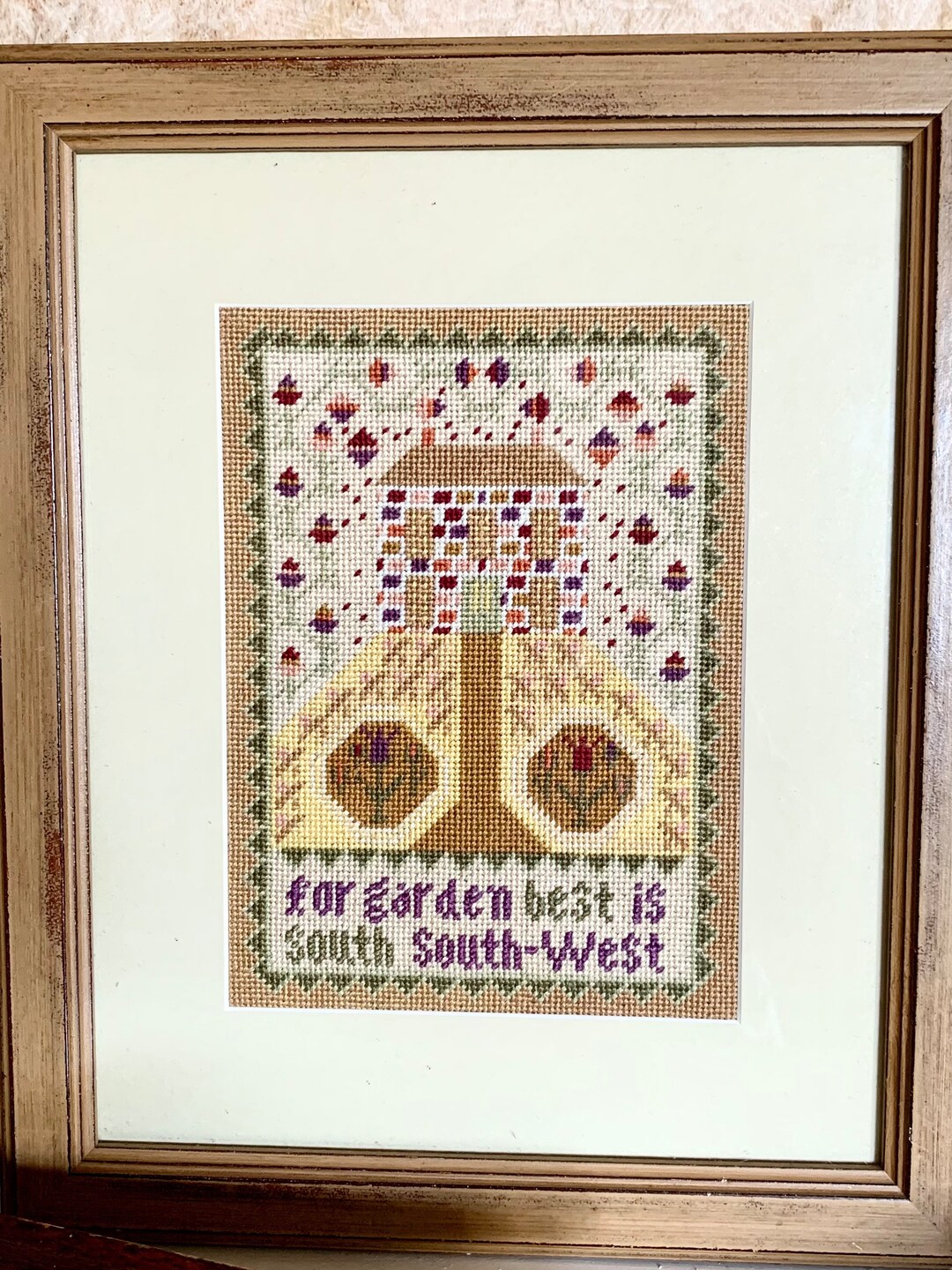Vintage Needlepoint Sampler Wood Frame House Garden Cotton Linen Fabric