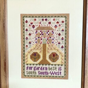 Vintage Needlepoint Sampler Wood frame House Garden Cotton Linen Fabric Craft