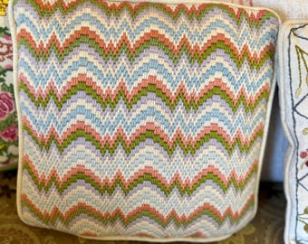 Vintage Bargello Needlepoint Embroidery Pillow Geometric Cottagecore Boho Wool Cotton Handmade