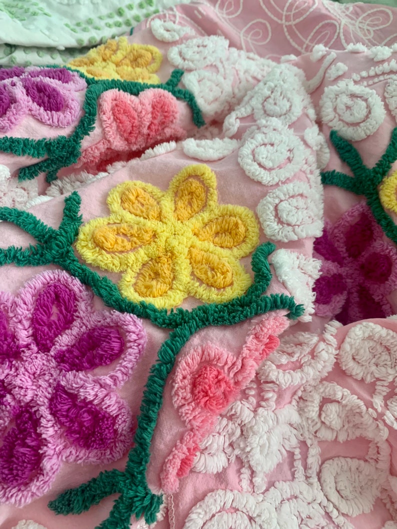 Vintage Chenille Bedspread Hearts Flowers Cotton Candy Pink Etsy